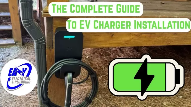 A home EV charger installed on a wooden deck post. Banner image for EaZy Electrical's Complete Guide to EV Charger Installation.